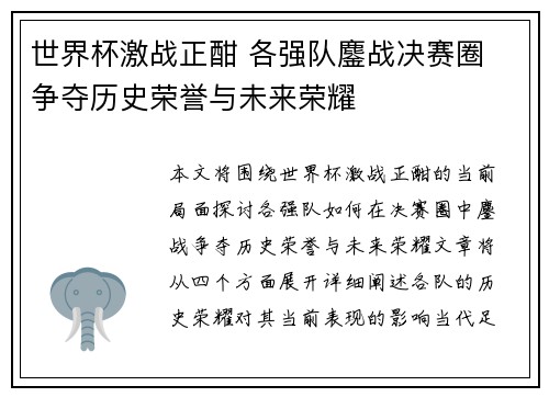 世界杯激战正酣 各强队鏖战决赛圈 争夺历史荣誉与未来荣耀